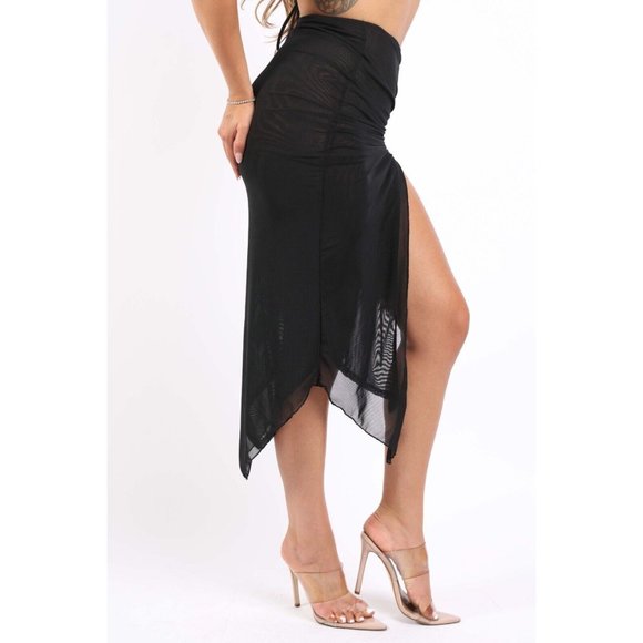 Women's Ariel Mesh Ruched Asymmetrical Midi Skirt Lightweight cover up skirt - Picture 9 of 10